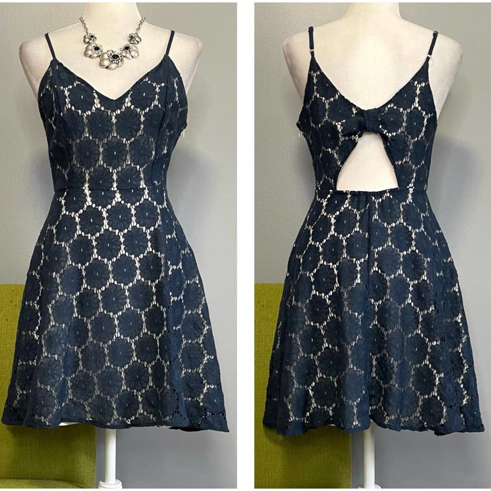 Altard State Blue Lace Overlay Cutout Fit and Flare Skater Dress Small